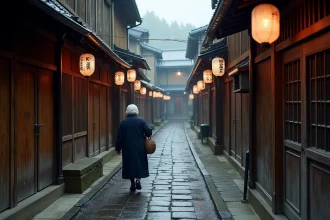 Ruelle pavée traditionnelle de Nozawa Onsen avec bains publics en bois et vapeur matinale au Japon