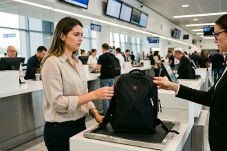 Femme à un comptoir d'aéroport avec un sac à dos refusé en cabine par un agent de compagnie aérienne
