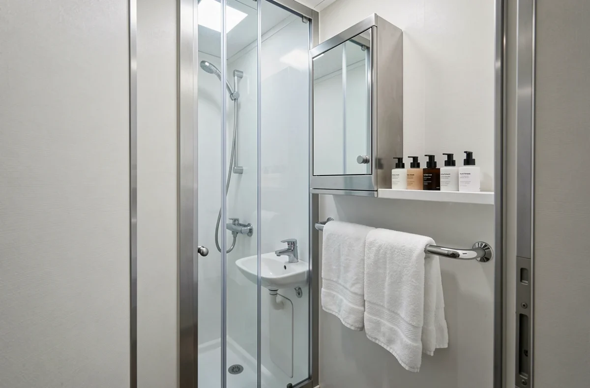 Petite salle de bain d'une cabine intérieure de croisière avec douche compacte et serviettes pliées