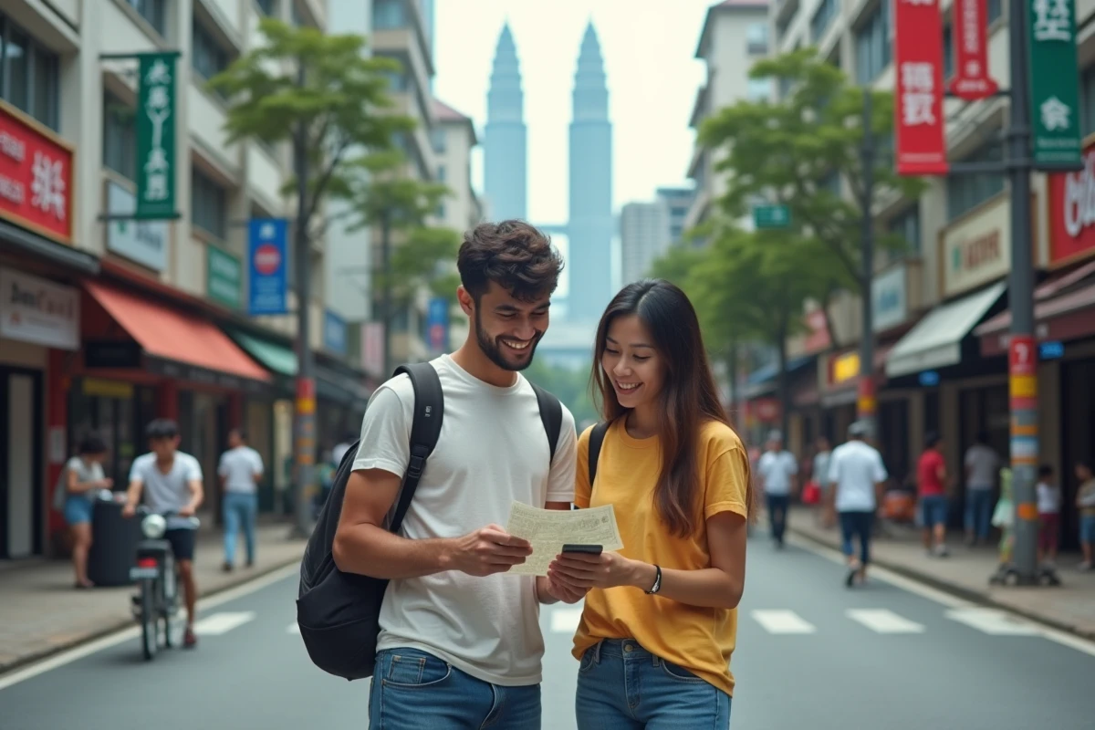 Couple de voyageurs consultant une carte dans une rue animée de Kuala Lumpur avec les tours Petronas en arrière-plan