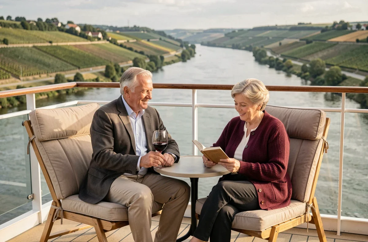 Couple de seniors profitant d'une croisière fluviale haut de gamme sur le balcon de leur cabine avec vue sur des vignobles européens