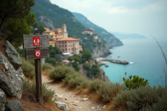 Sentier de randonnée fermé aux Cinque Terre avec panneau d'interdiction et vue sur la côte ligurienne