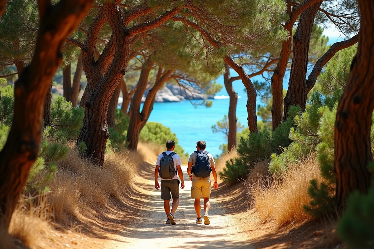 Sentier ombragé entre les pins menant à la plage de Palombaggia en Corse avec aperçu de la mer turquoise
