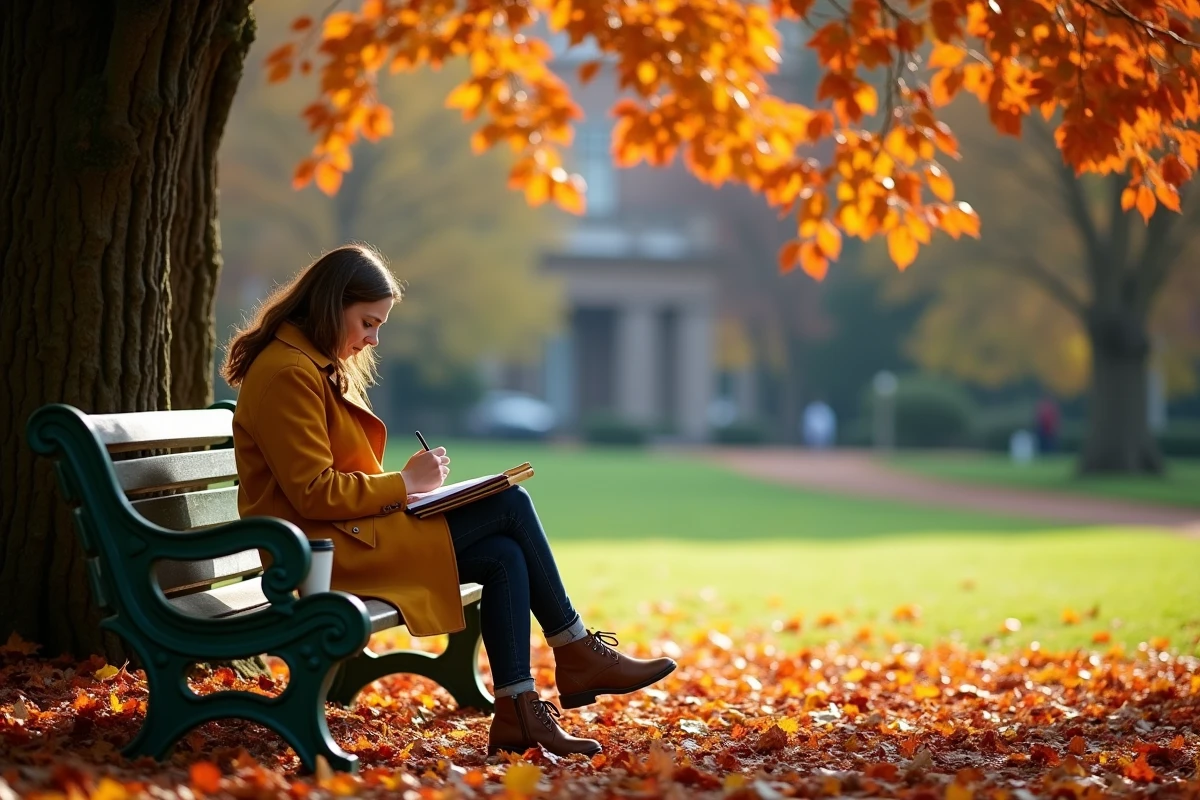 Femme en manteau jaune assise sur un banc au parc St Stephen's Green de Dublin entouré de feuilles d'automne