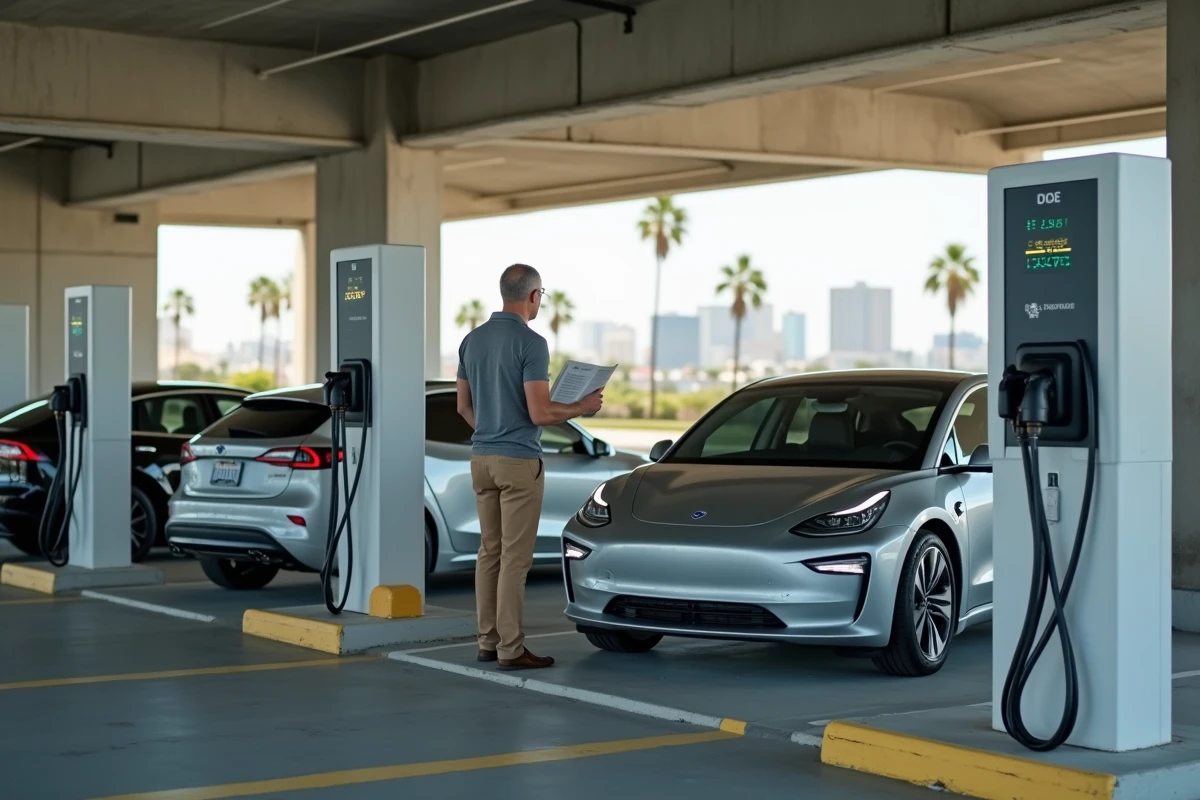 Station de recharge pour voitures électriques en parking urbain avec conducteur planifiant son trajet Las Vegas Los Angeles