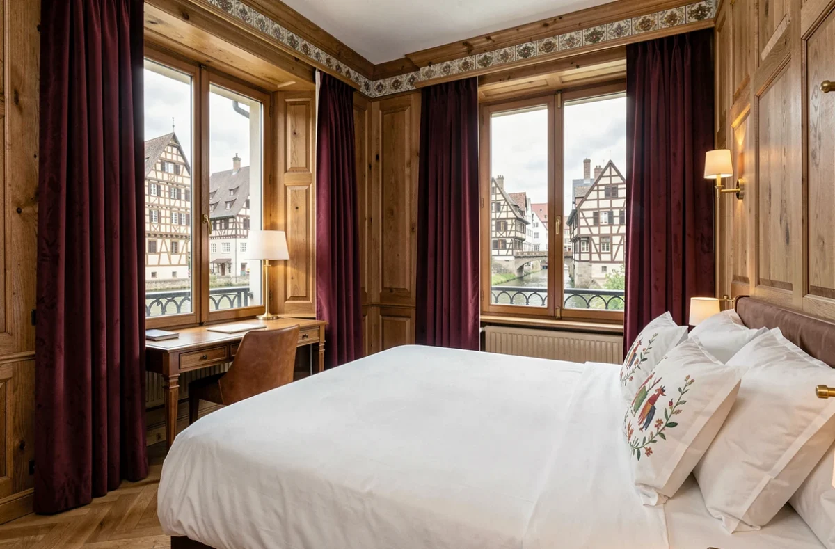 Suite luxueuse d'un hôtel 5 étoiles à Strasbourg avec vue sur les façades à colombages de la Petite France et la rivière Ill