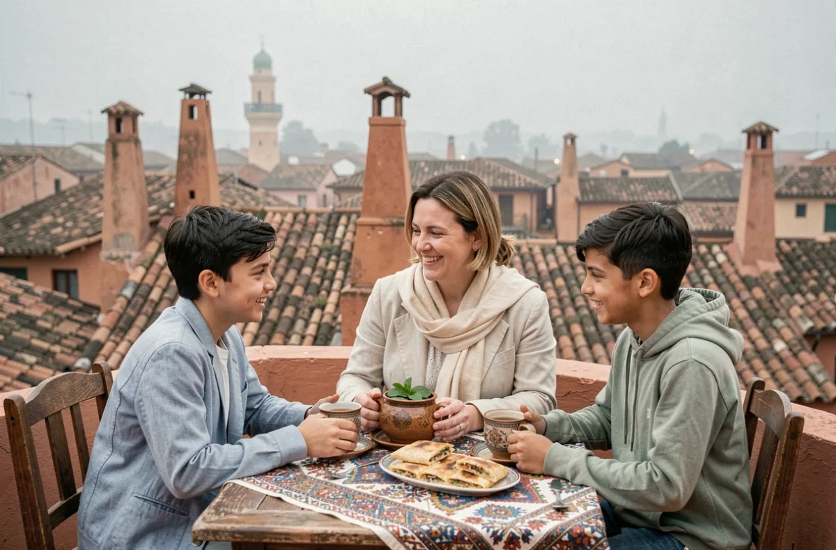 Mère et enfants savourant un thé à la menthe sur une terrasse à Fès en hiver