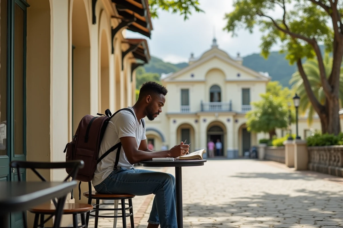 Touriste prenant des notes au café en terrasse dans le quartier historique Devon House à Kingston
