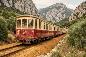 Train régional de Corse traversant un paysage montagneux verdoyant avec maquis et falaises granitiques