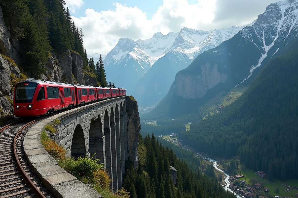 Train panoramique rouge des chemins de fer suisses traversant un viaduc en pierre au-dessus d'une vallée alpine profonde