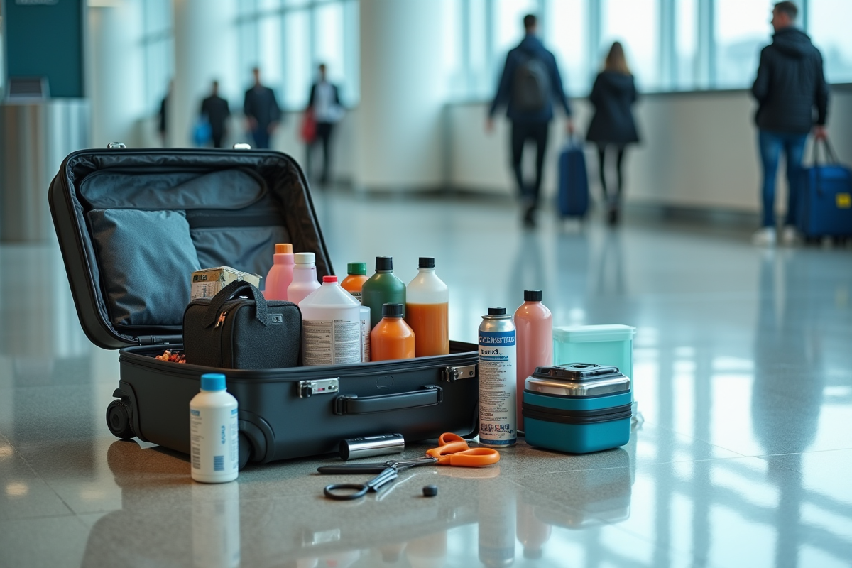 Valise ouverte sur le sol d'aéroport avec objets interdits organisés