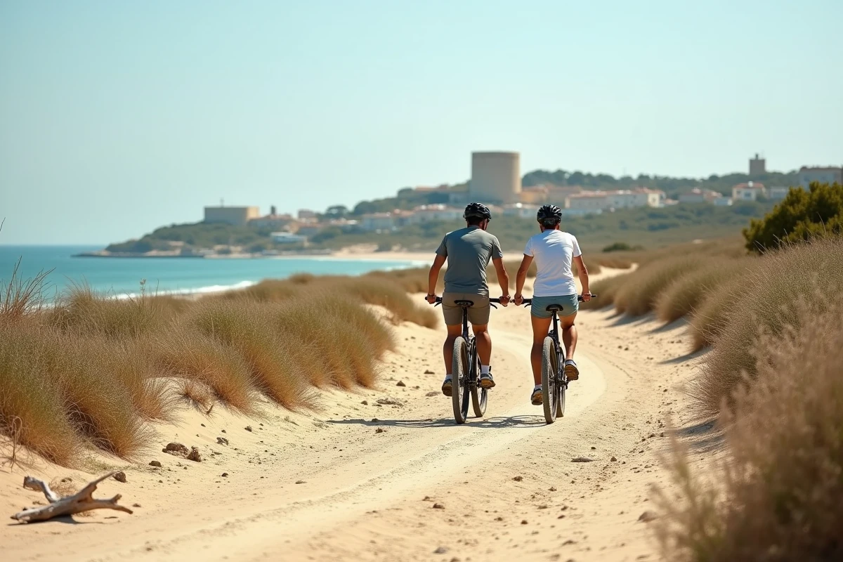 Deux cyclistes marchant avec leurs vélos sur un sentier côtier vers la mer avec le village de Gruissan visible au loin