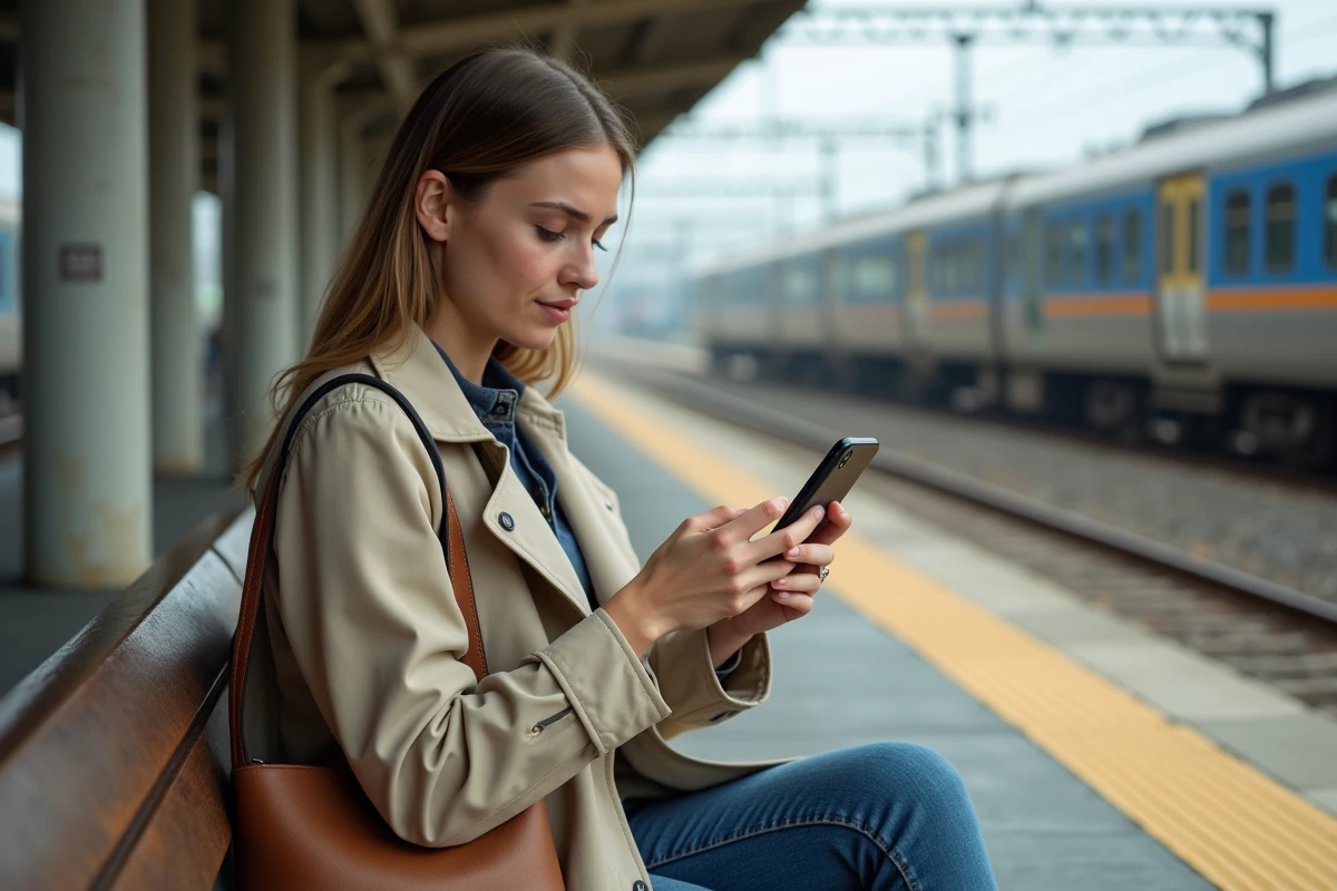 Jeune femme vérifiant sa réservation aller-retour French Ber sur smartphone sur un quai de gare