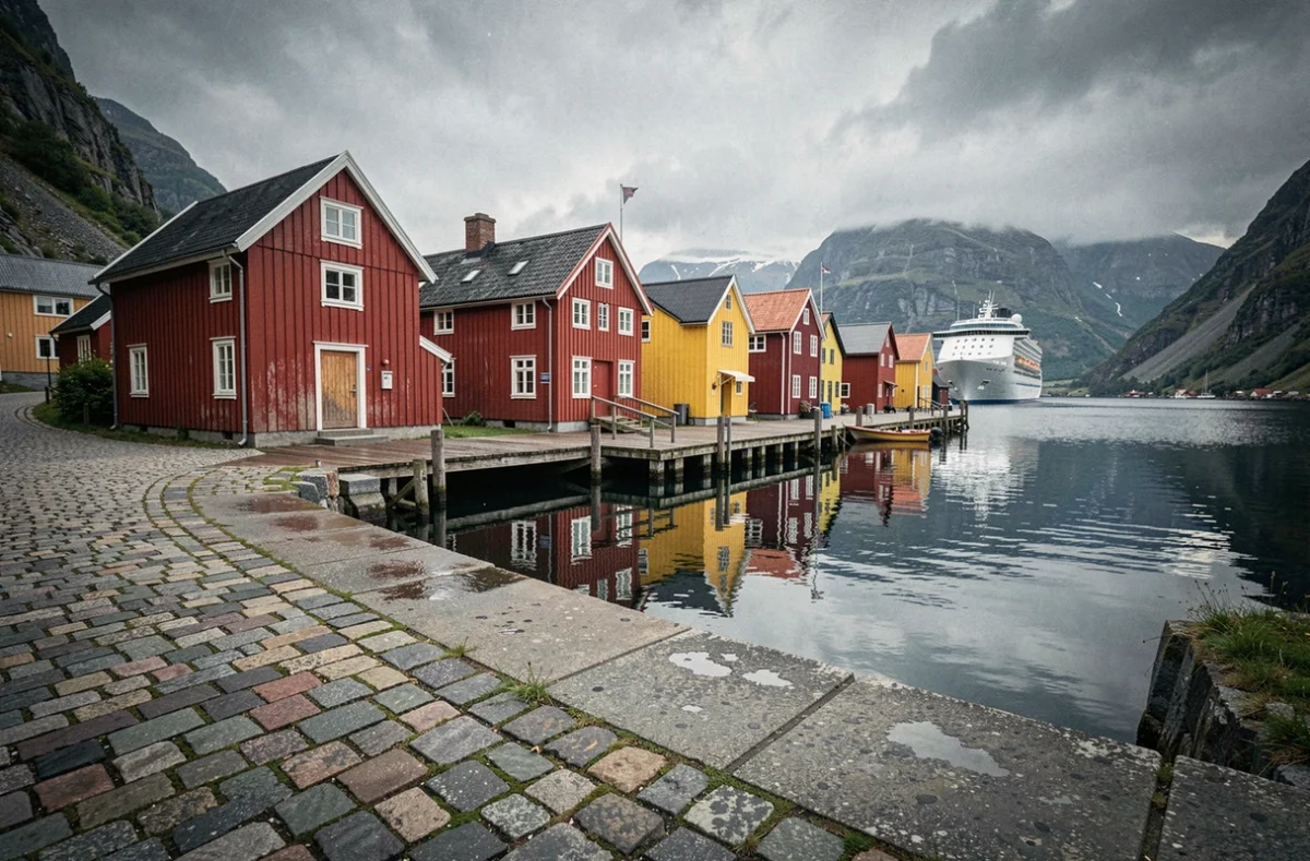 Village pittoresque au bord d'un fjord norvégien avec un bateau de croisière amarré