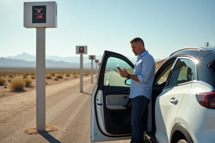Voiture électrique en charge dans le désert Mojave sur la route Las Vegas Los Angeles avec un conducteur consultant son téléphone