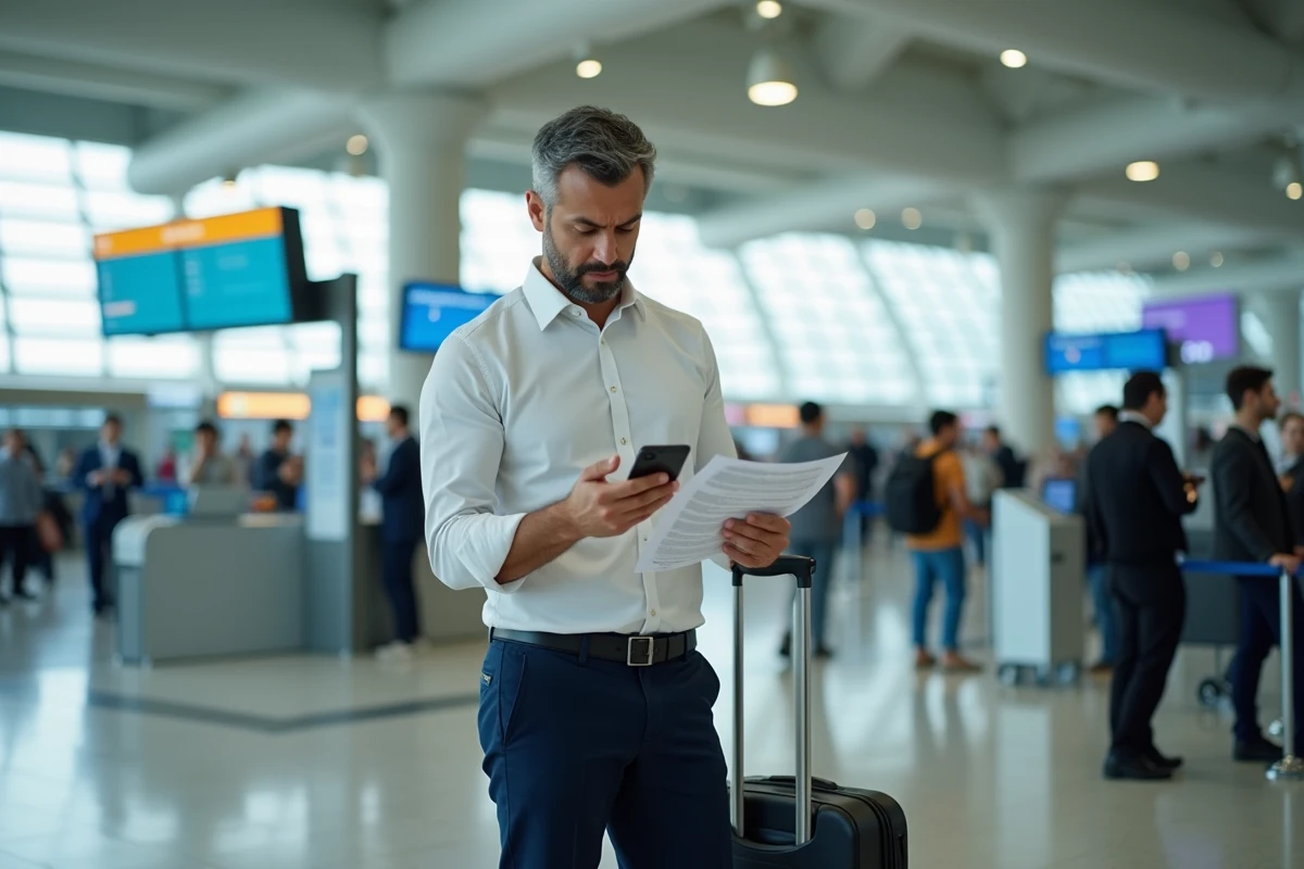 Voyageur à l'aéroport consultant son téléphone et son itinéraire imprimé avant un départ avec Aguila OneStrip