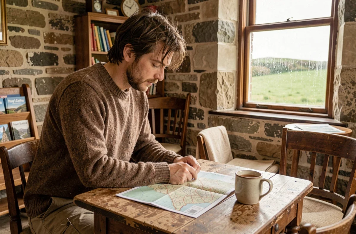 Voyageur budget consultant une carte papier dans un auberge de jeunesse rustique irlandaise