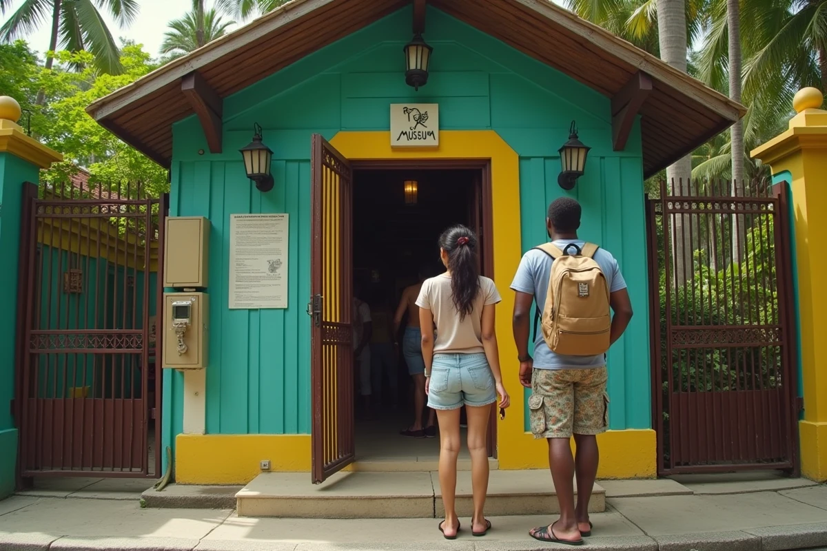 Deux voyageurs devant l'entrée du musée Bob Marley sur Hope Road à Kingston en Jamaïque