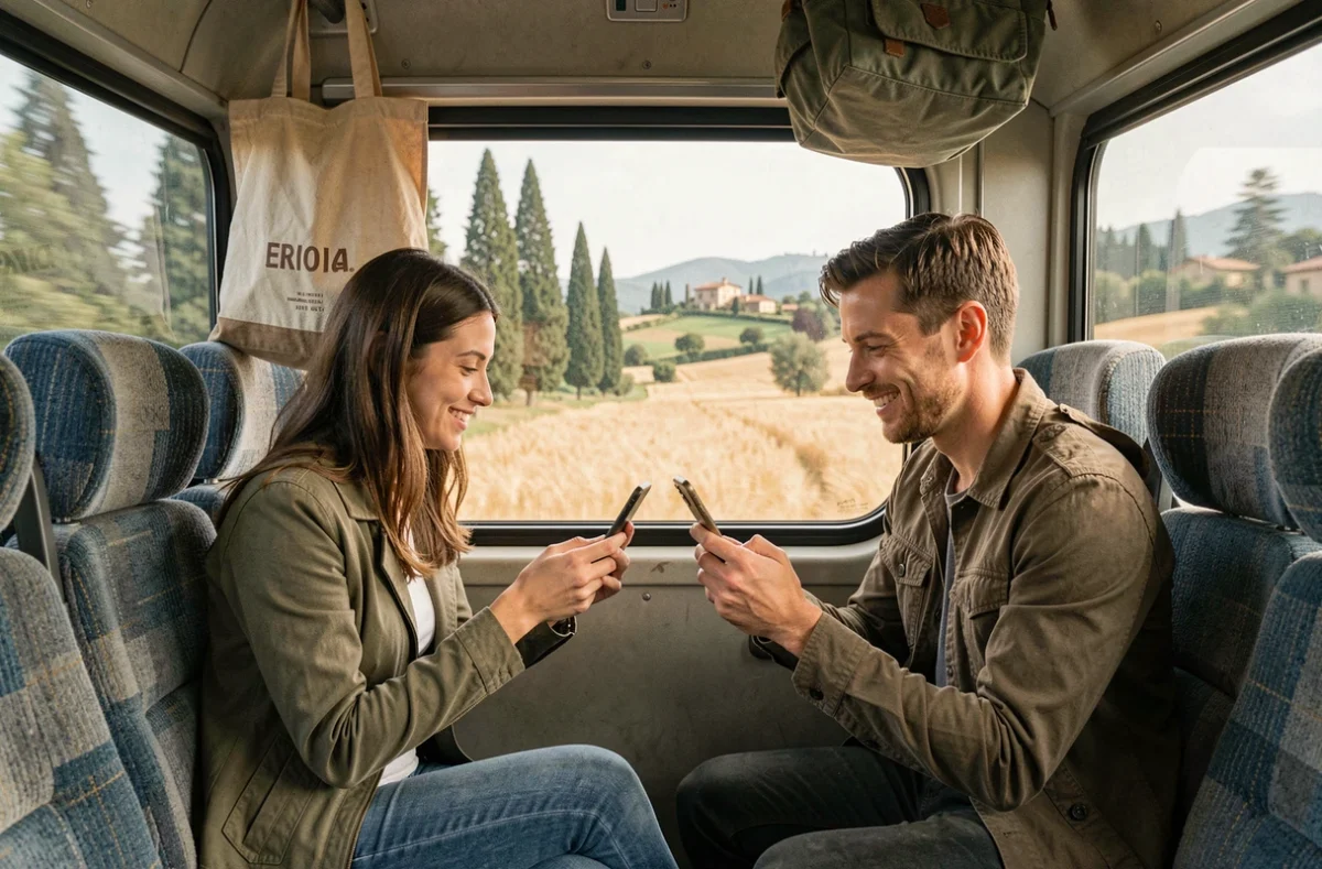 Deux voyageurs dans le train Florence-Pise traversant la campagne toscane