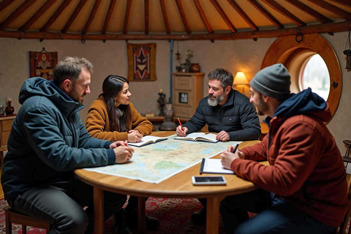 Groupe de voyageurs dans une yurt avec cartes et textiles