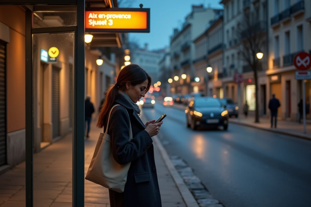 Voyageuse attendant le bus de nuit vers Aix-en-Provence à un arrêt de Marseille