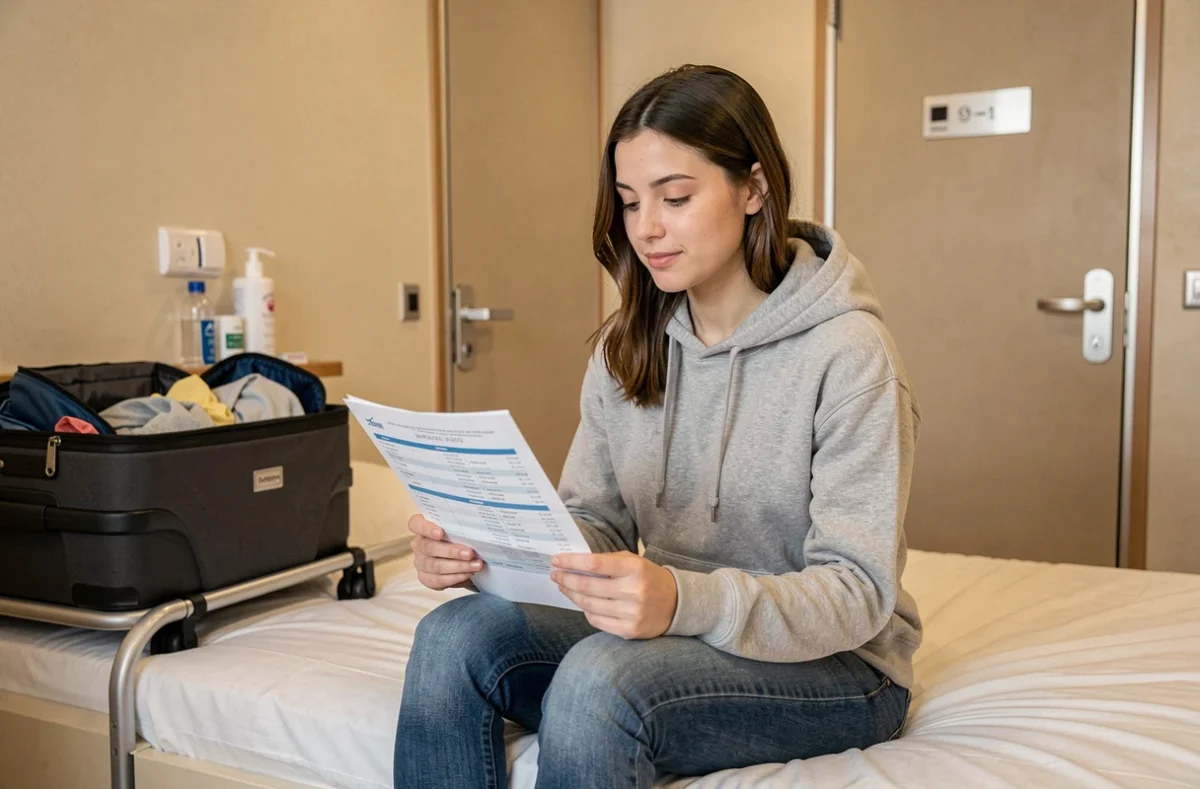 Femme en cabine intérieure de croisière assise sur le lit en train de consulter un programme de voyage