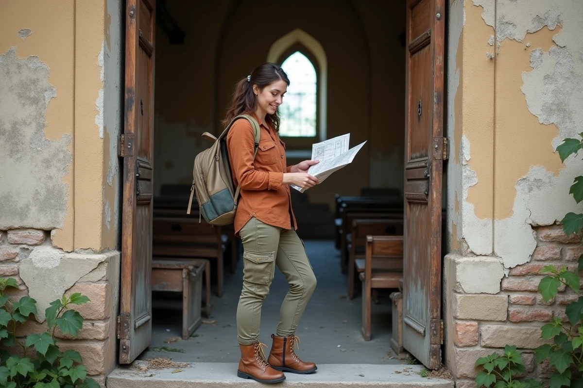 Voyageuse consultant une carte à l'entrée d'une chapelle abandonnée en France lors d'un road trip