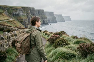 Voyageuse avec sac à dos éco-responsable sur les falaises de la Wild Atlantic Way en Irlande