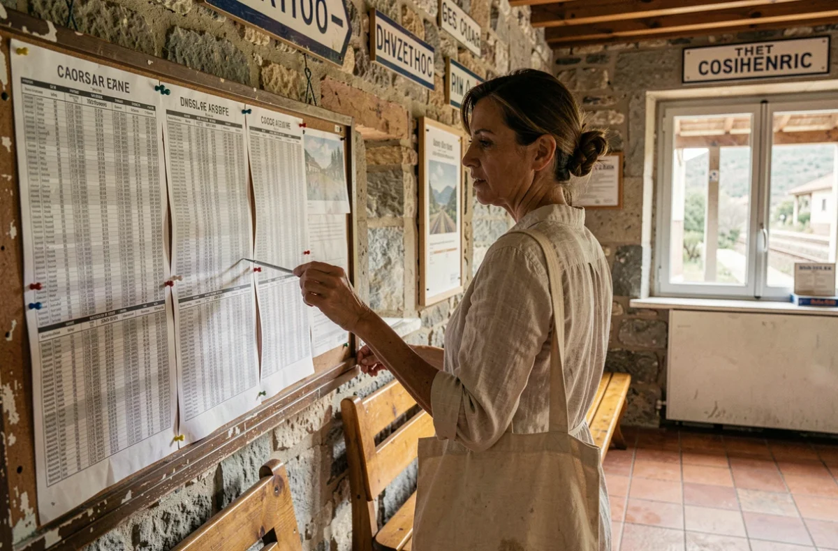 Voyageuse consultant un horaire de train affiché dans une gare rustique de Corse