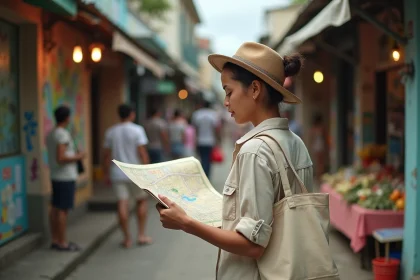 Voyageuse consultant une carte dans un marché animé de New Kingston en Jamaïque