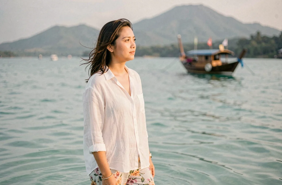 Voyageuse debout dans les eaux calmes et turquoise de la plage de Lovina à Bali avec un bateau traditionnel en arrière-plan