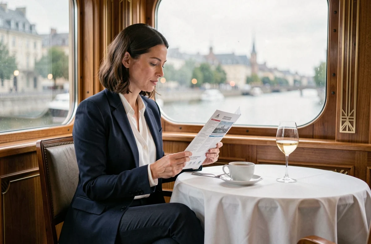 Femme voyageant seule consultant une brochure de croisière fluviale dans le salon d'un bateau de croisière européen
