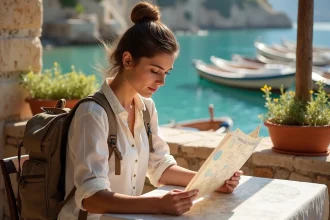 Jeune voyageuse consultant une carte à une taverne de Liméni avec vue sur la mer, voyage petit budget en Grèce
