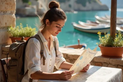 Jeune voyageuse consultant une carte à une taverne de Liméni avec vue sur la mer, voyage petit budget en Grèce