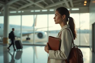 Voyageuse avec journal de voyage dans un terminal d'aéroport moderne, illustrant l'expérience client Azami Voyage