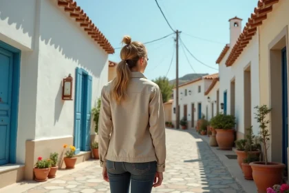Voyageuse solitaire dans une rue pavée déserte d'un village grec authentique à Zakynthos hors saison