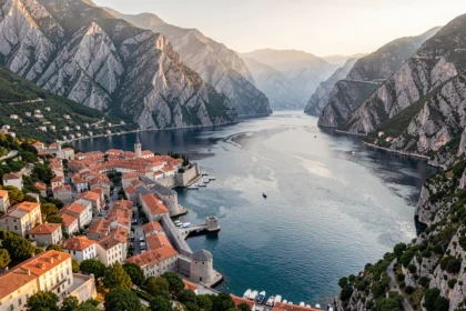 Vue aérienne de la baie de Kotor au coucher du soleil