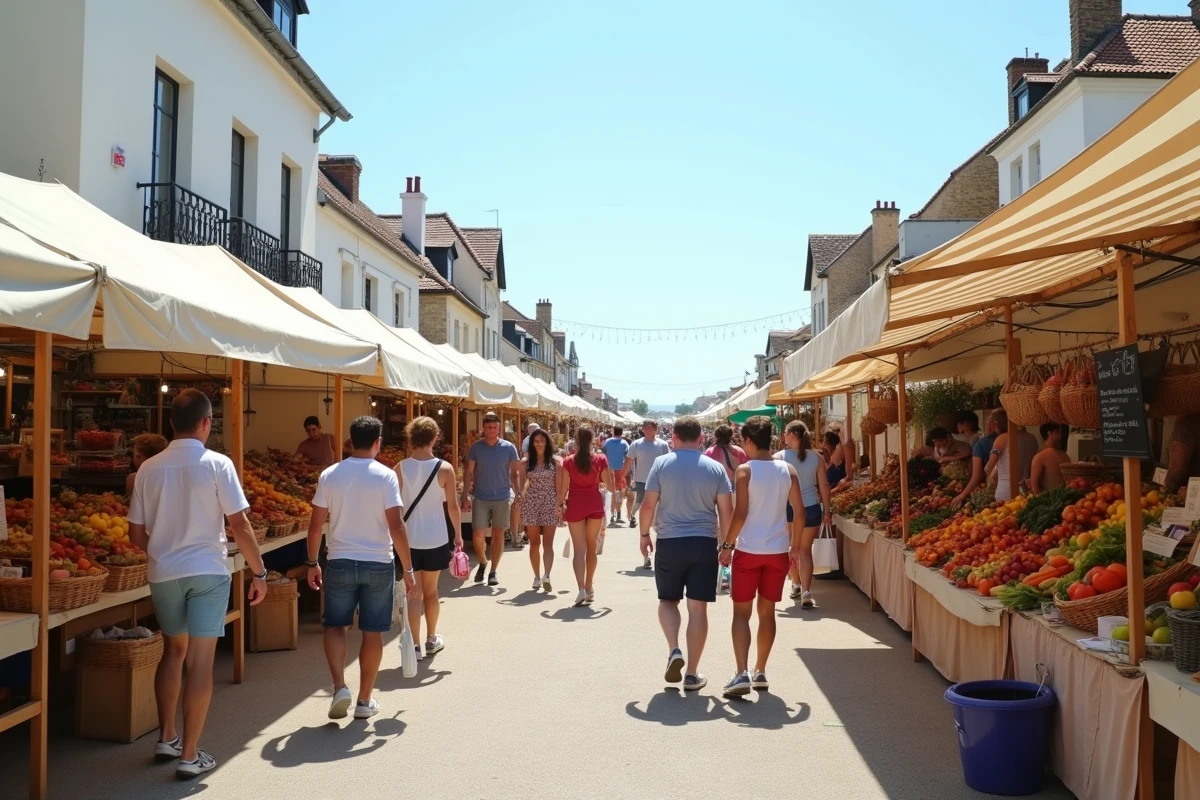 Vue d'ensemble du marché en plein air de Fort Mahon-Plage avec ses étals animés et ses visiteurs estivaux