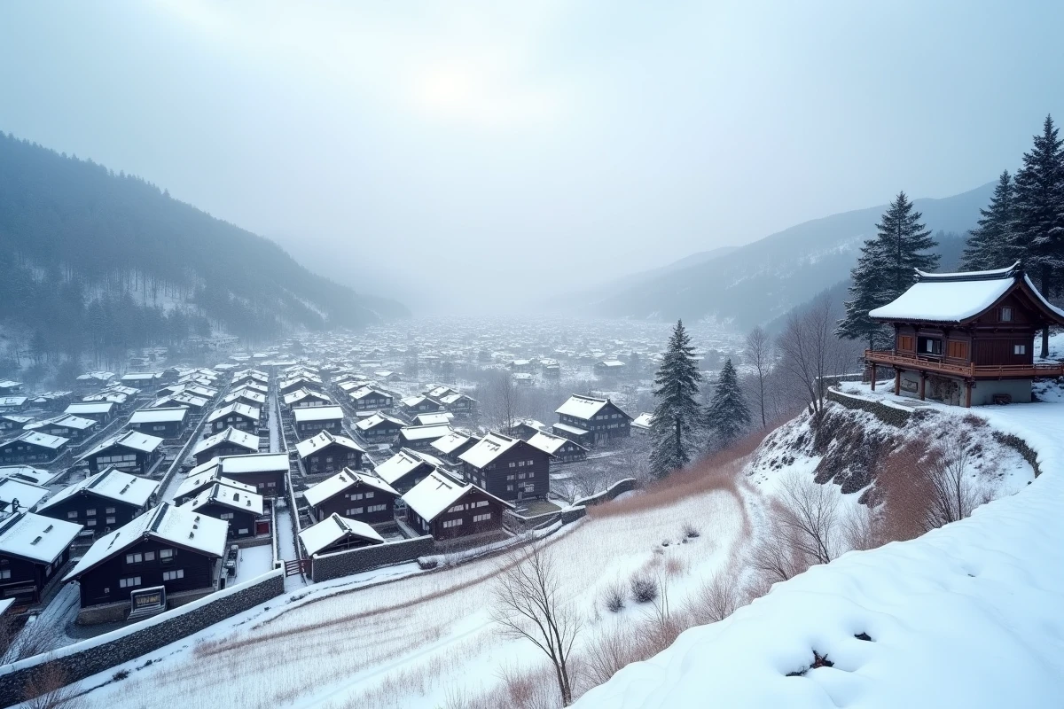 Vue panoramique du village traditionnel de Nozawa Onsen dans les Alpes japonaises sous la neige