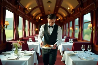 Intérieur luxueux du wagon-restaurant de l'Orient Express avec service gastronomique raffiné, boiseries en acajou et draperies en velours bordeaux